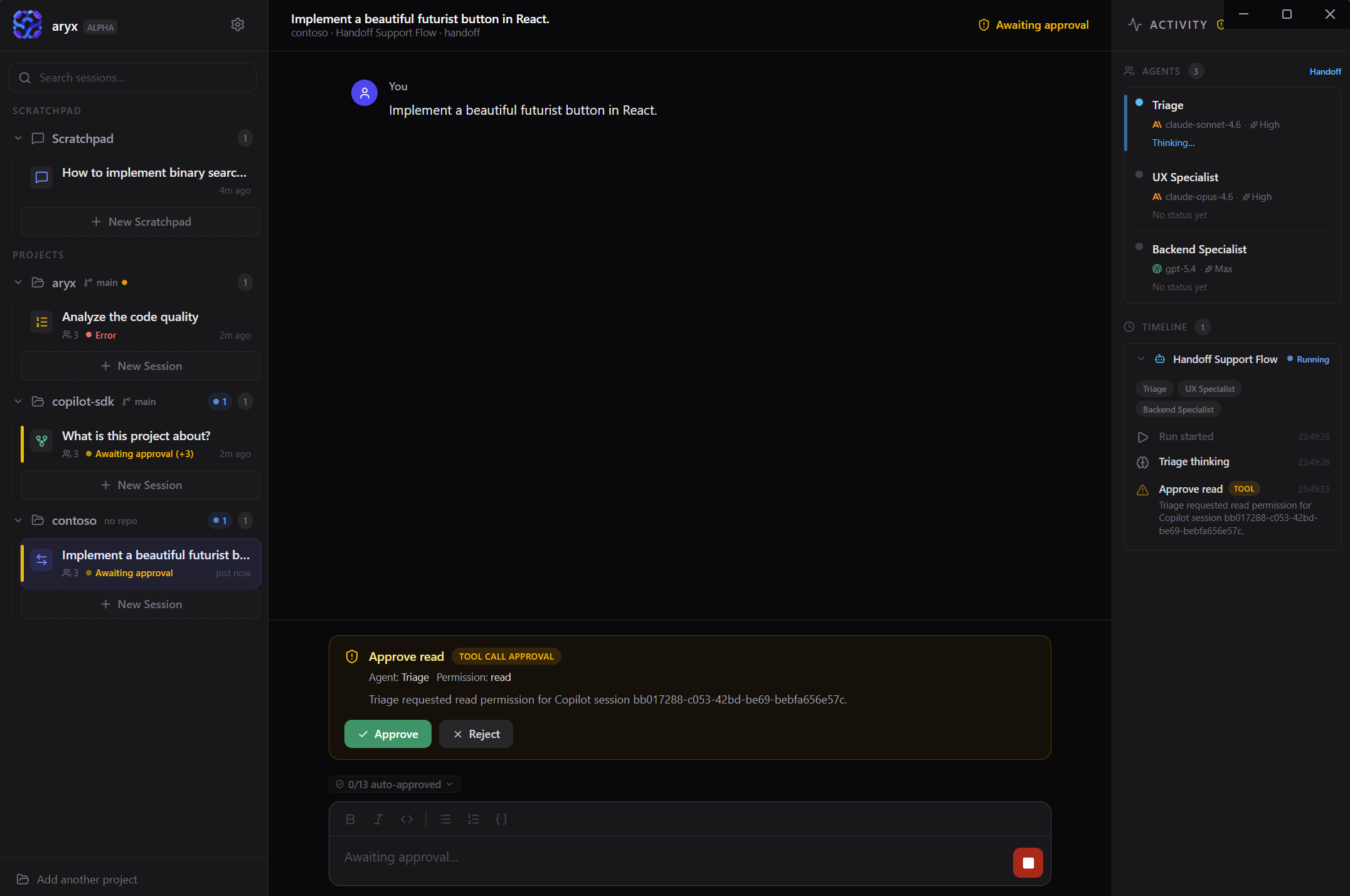 Aryx application screenshot showing the workspace with chat, sidebar, and activity panel